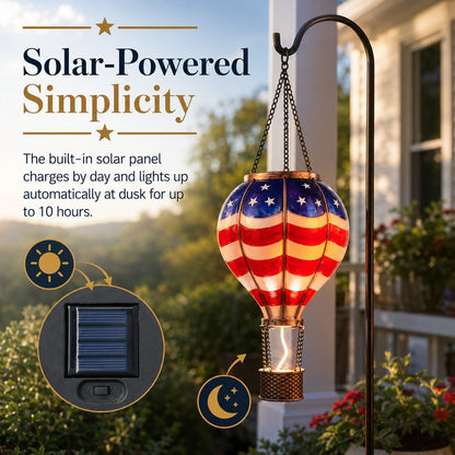Solar Patriotic Hot Air Balloon Lantern Red, White, and Blue Glass Hanging Light with Realistic Flickering Flame Effect