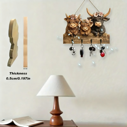 🐮 🐮2D-Rustic Highland Cow Wooden Family Key Holder Hanging Ornament with 4 Hooks