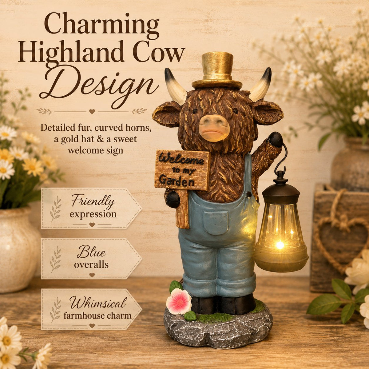 🐂Handcrafted Highland Cow Solar Garden Lantern Statue