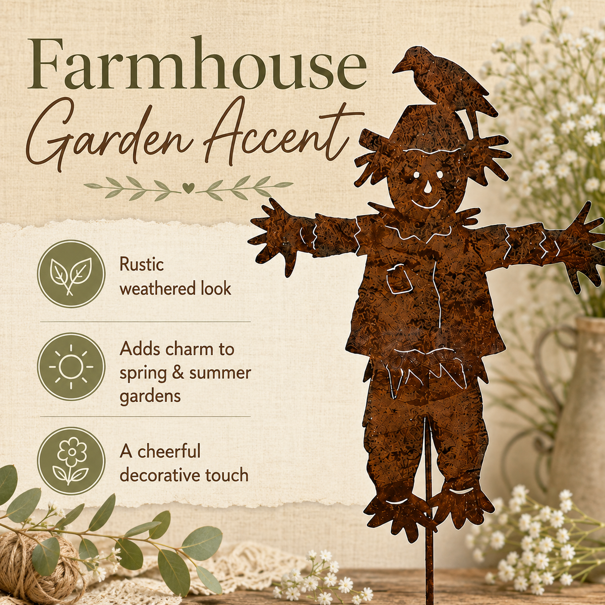 🐦🐦23'' Rustic Metal Scarecrow Garden Stake with Crow