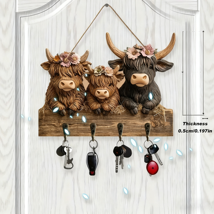 🐮 🐮2D-Rustic Highland Cow Wooden Family Key Holder Hanging Ornament with 4 Hooks
