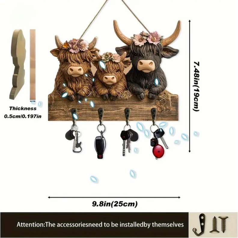 🐮 2D-Rustic Highland Cow Wooden Family Key Holder Hanging Ornament with 4 Hooks
