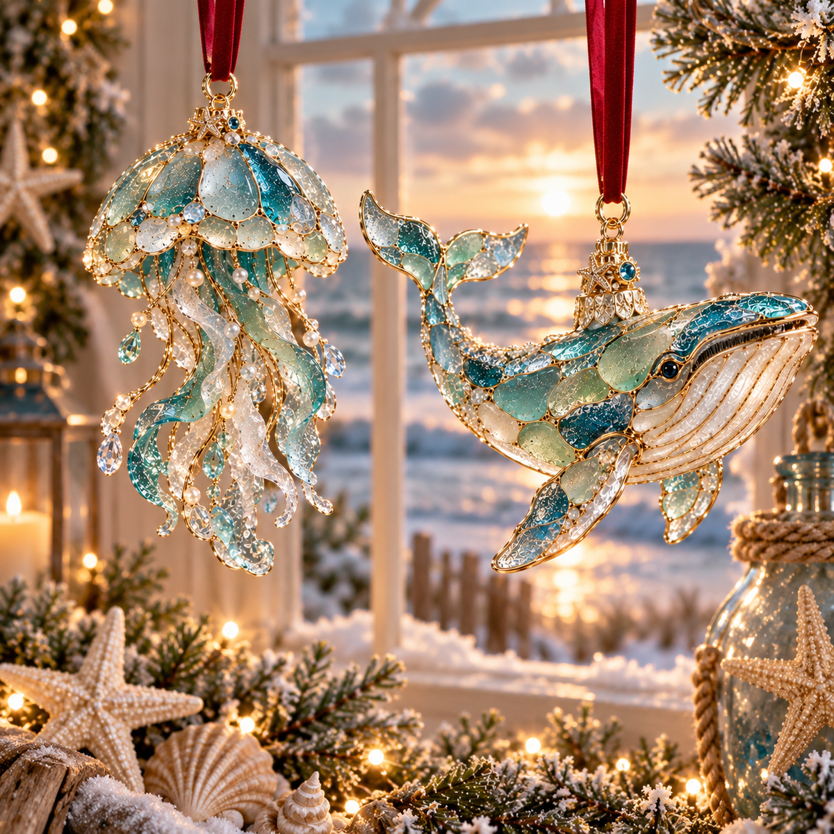🎅 2026 Christmas Gift 50% Off--2026 Ocean Christmas Series Sea Glass Ornament Collection – Seahorse, Octopus, Jellyfish, Shark, Sea Turtle & Whale Coastal Holiday Keepsakes