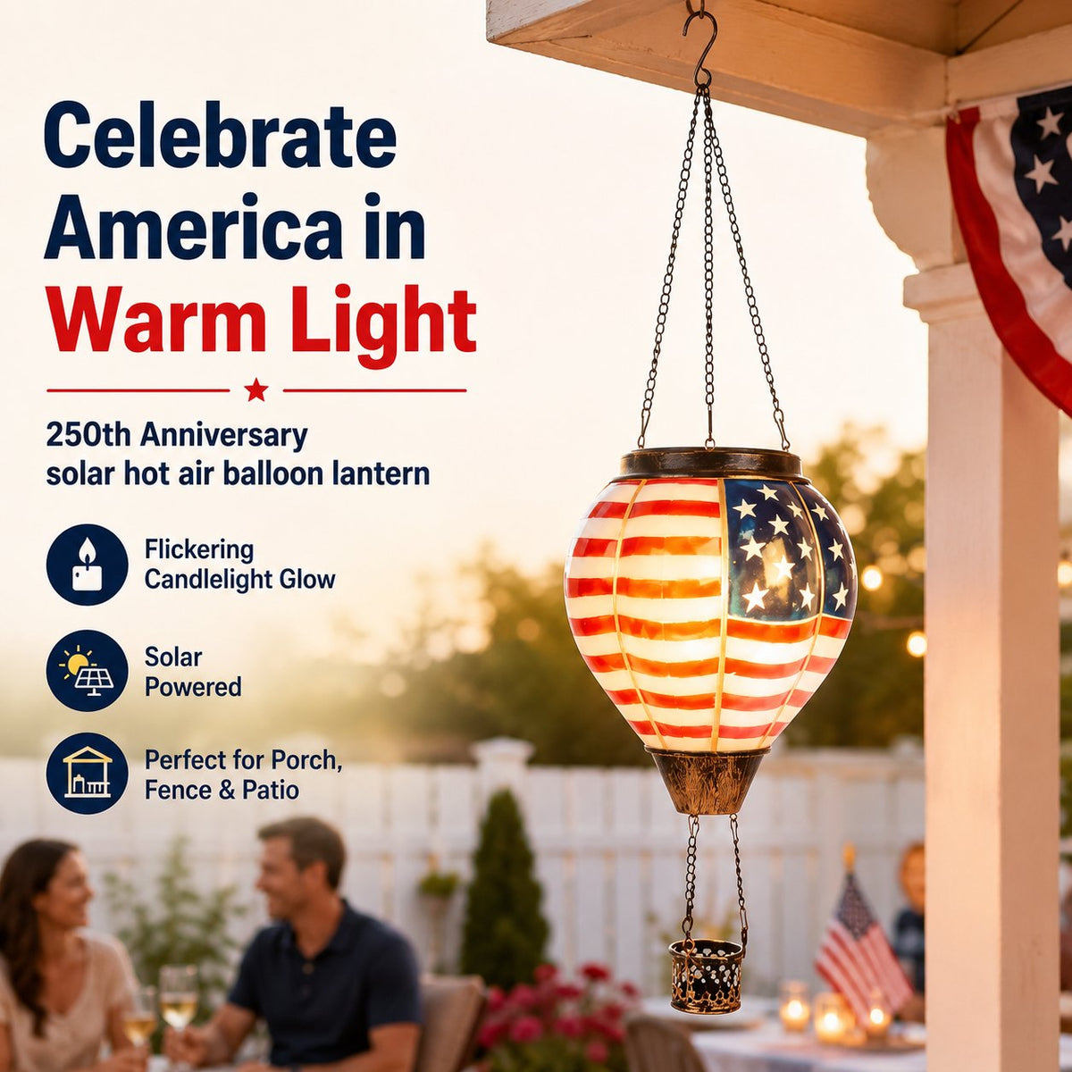 Solar Patriotic Hot Air Balloon Lantern Red, White, and Blue Glass Hanging Light with Realistic Flickering Flame Effect