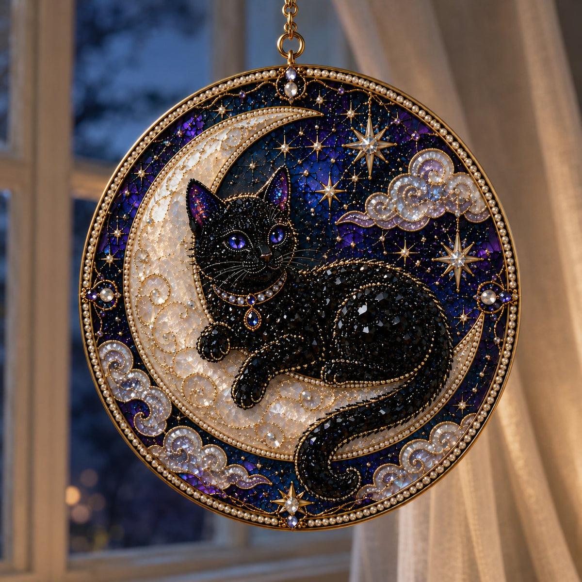 🌙🌙🐈‍⬛ LAST DAY 49% OFF – ✨ Premium 3D Pearl Celestial Black Cat Window Hanging Kit | Luxury Flocked Canvas with Scratch-Resistant Non-Fading Pearl Beads DIY Handmade Moonlight Suncatcher Decor 🔮💎