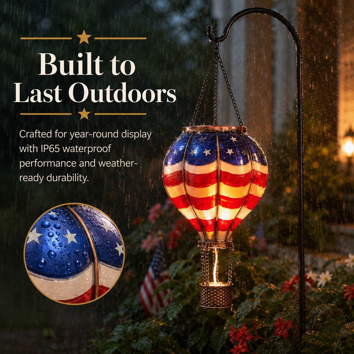Solar Patriotic Hot Air Balloon Lantern Red, White, and Blue Glass Hanging Light with Realistic Flickering Flame Effect