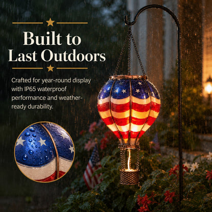 Solar Patriotic Hot Air Balloon Lantern Red, White, and Blue Glass Hanging Light with Realistic Flickering Flame Effect