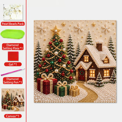 🎄🎄🎅 Premium 3D Pearl Christmas Wall Art Kit | Luxury Flocked Canvas with Scratch-Resistant Non-Fading Pearl Beads DIY Holiday Decor ⛄️❄️