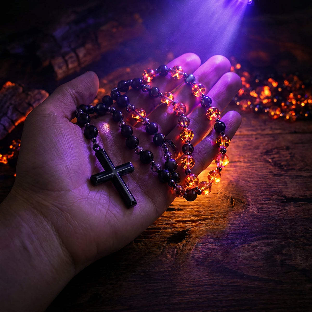 Natural Obsidian Yooperlite RosaryNecklace, UV Reactive EnergyProtection Healing Crystal