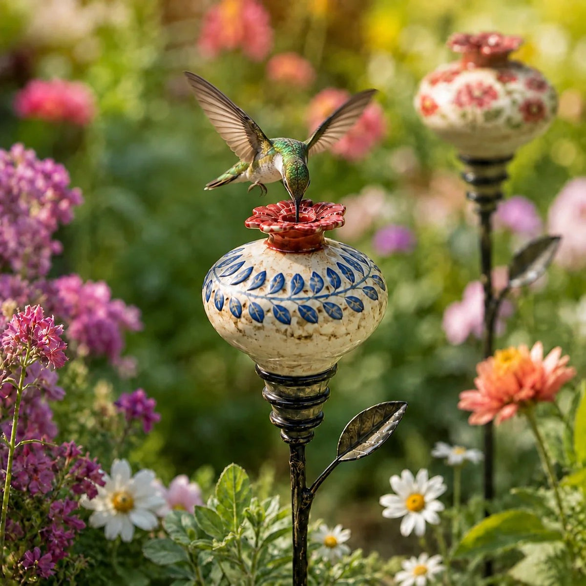 🎅 2026 Christmas Gift 50% Off--🌺 Vintage Ceramic Hummingbird Feeder Garden Stake — Handcrafted Floral Bird Feeder Decoration