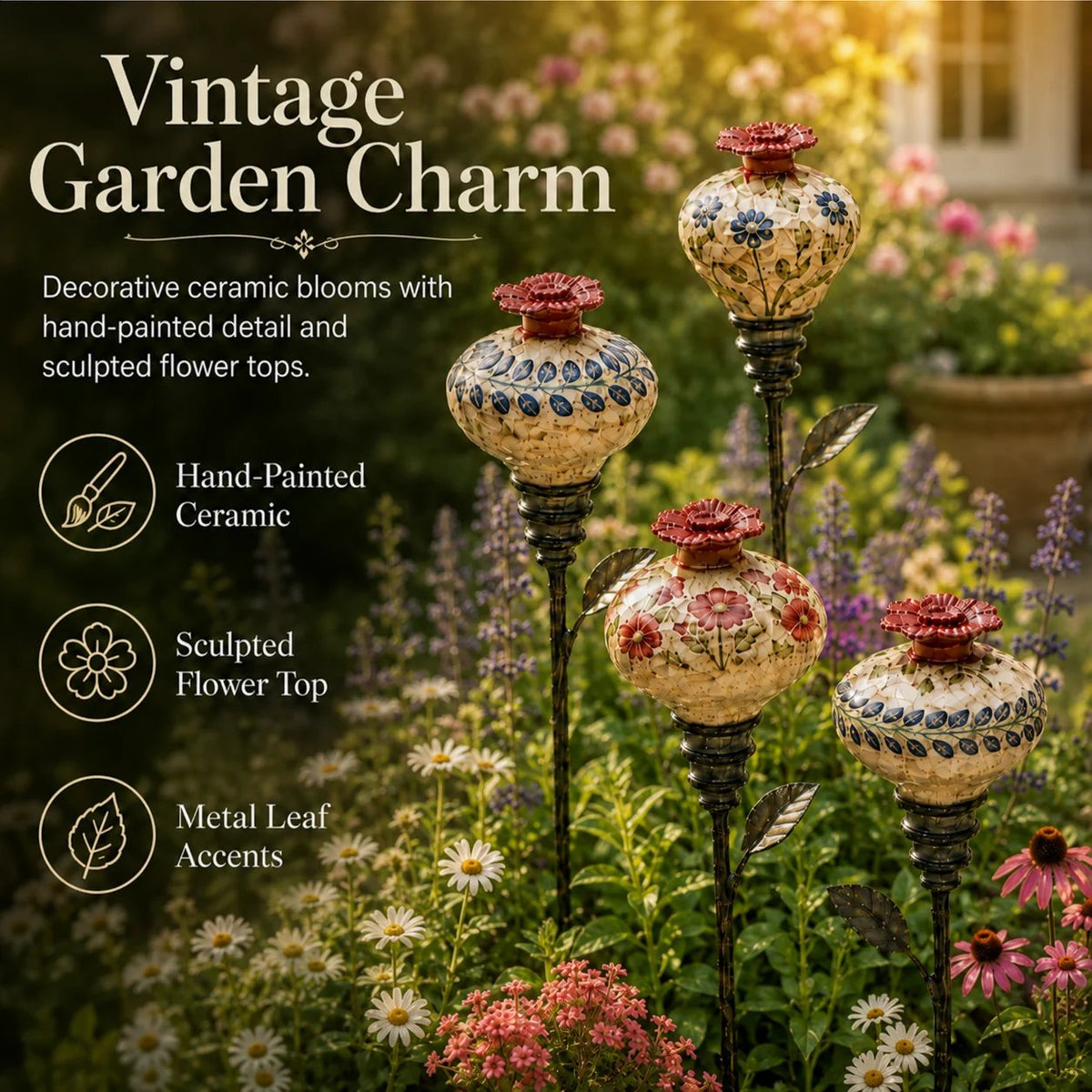 🎅 2026 Christmas Gift 50% Off--🌺 Vintage Ceramic Hummingbird Feeder Garden Stake — Handcrafted Floral Bird Feeder Decoration