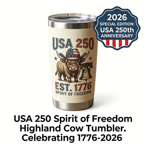 2026 Special Edition: USA 250th Anniversary "Spirit of Freedom" Highland Cow Insulated Tumbler - 20oz Stainless Steel Travel Mug