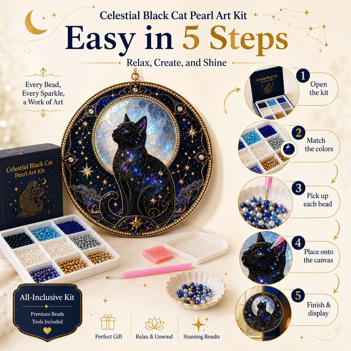 🌙🌙🐈‍⬛ LAST DAY 49% OFF – ✨ Premium 3D Pearl Celestial Black Cat Window Hanging Kit | Luxury Flocked Canvas with Scratch-Resistant Non-Fading Pearl Beads DIY Handmade Moonlight Suncatcher Decor 🔮💎