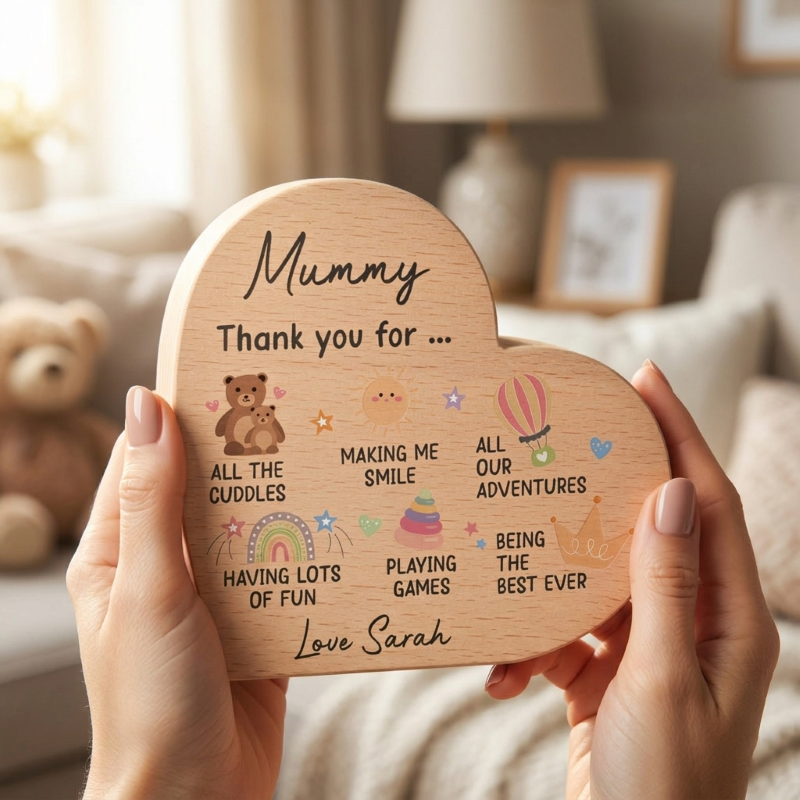 Mummy Gifts From Baby Son Daughter; Personalised Wood Heart With Grey Bag