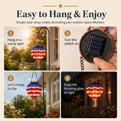 Solar Patriotic Hot Air Balloon Lantern Red, White, and Blue Glass Hanging Light with Realistic Flickering Flame Effect