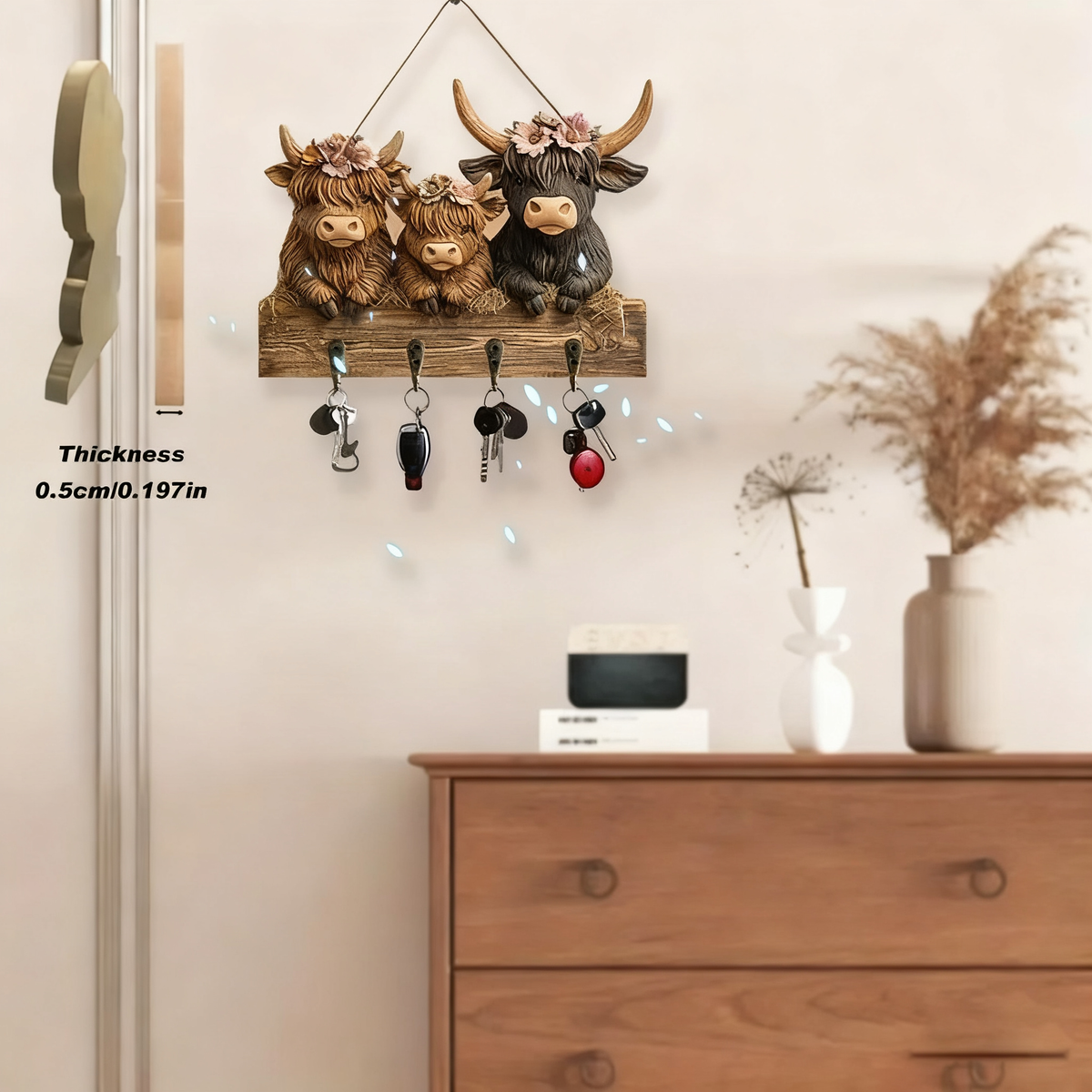 🐮 🐮2D-Rustic Highland Cow Wooden Family Key Holder Hanging Ornament with 4 Hooks