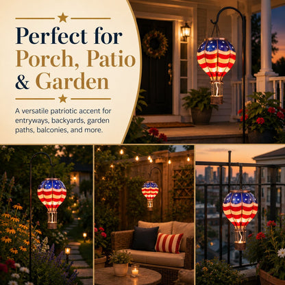 Solar Patriotic Hot Air Balloon Lantern Red, White, and Blue Glass Hanging Light with Realistic Flickering Flame Effect