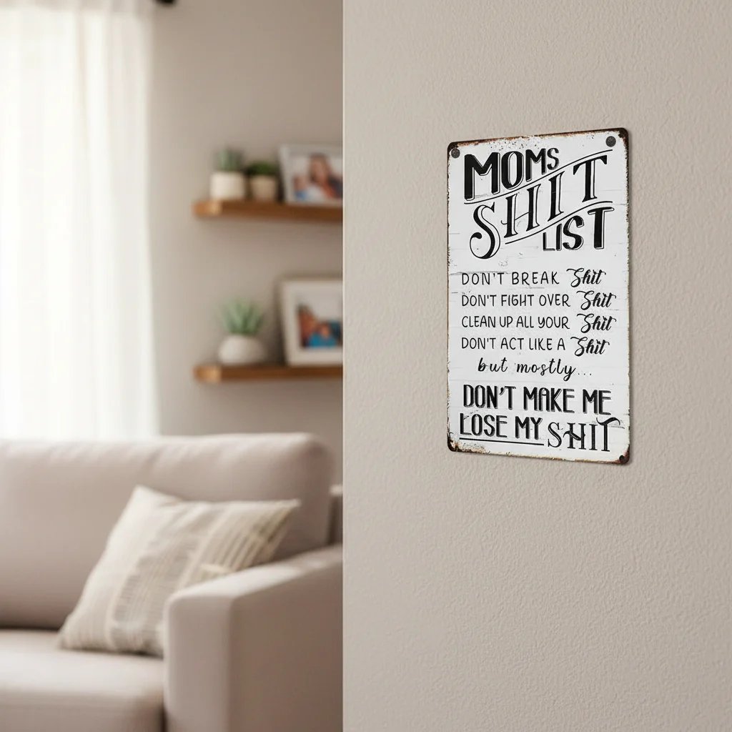 ❤️❤️"Mom’s Shit List" Funny Metal Sign – Sarcastic Tin Plaque for the Queen of the House
