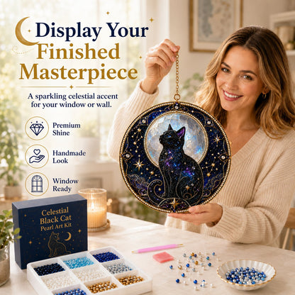🌙🌙🐈‍⬛ LAST DAY 49% OFF – ✨ Premium 3D Pearl Celestial Black Cat Window Hanging Kit | Luxury Flocked Canvas with Scratch-Resistant Non-Fading Pearl Beads DIY Handmade Moonlight Suncatcher Decor 🔮💎