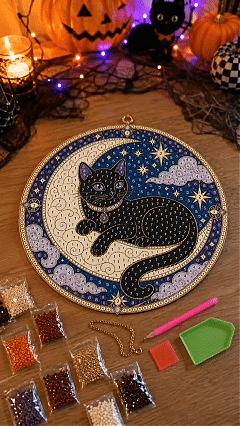 🌙🌙🐈‍⬛ LAST DAY 49% OFF – ✨ Premium 3D Pearl Celestial Black Cat Window Hanging Kit | Luxury Flocked Canvas with Scratch-Resistant Non-Fading Pearl Beads DIY Handmade Moonlight Suncatcher Decor 🔮💎