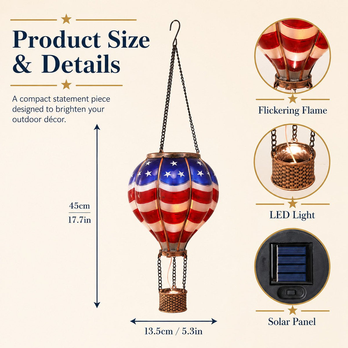 Solar Patriotic Hot Air Balloon Lantern Red, White, and Blue Glass Hanging Light with Realistic Flickering Flame Effect