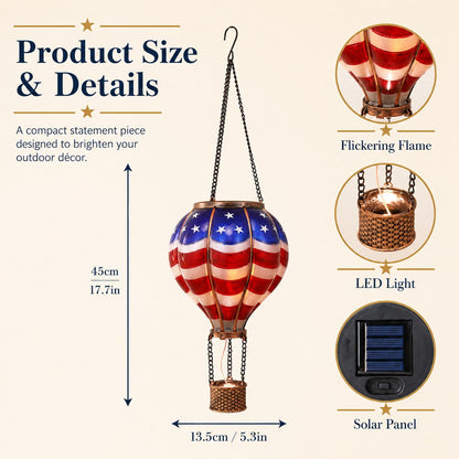 Solar Patriotic Hot Air Balloon Lantern Red, White, and Blue Glass Hanging Light with Realistic Flickering Flame Effect