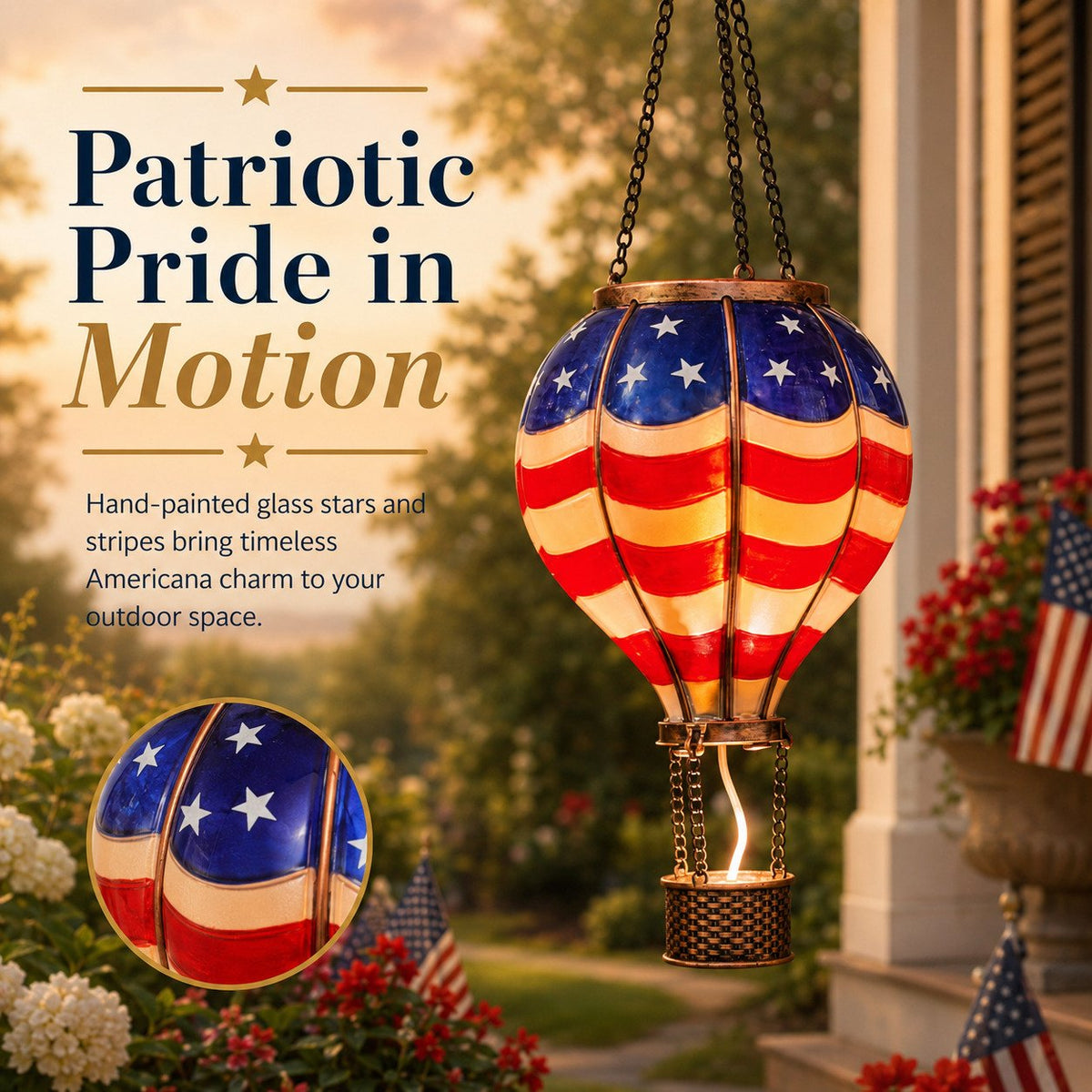 Solar Patriotic Hot Air Balloon Lantern Red, White, and Blue Glass Hanging Light with Realistic Flickering Flame Effect