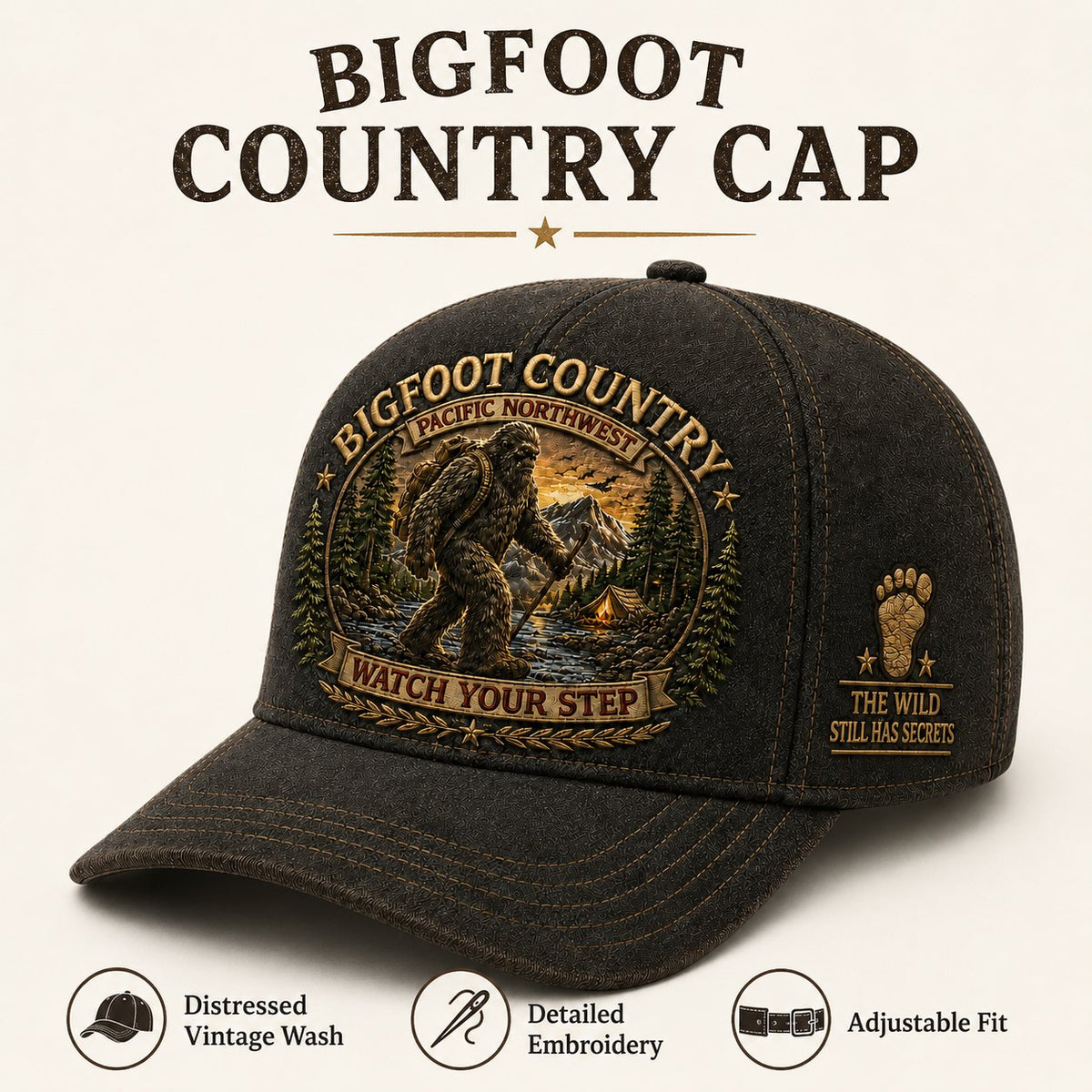 🦶🦶Bigfoot Country Vintage Embroidered Cap – Free Collector Coin Included