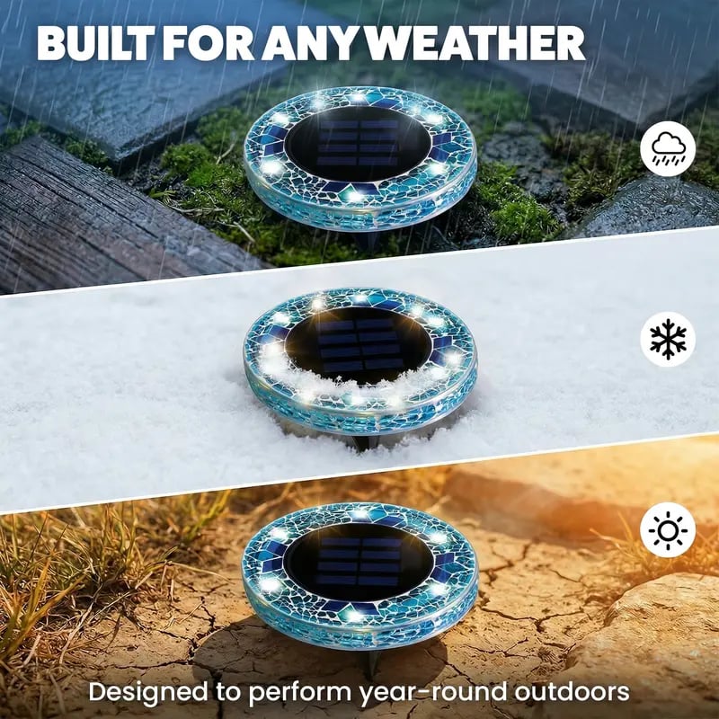Solar Disk Lights – Handcrafted Mosaic Outdoor LED Waterproof In-Ground & Tabletop Wireless Lighting
