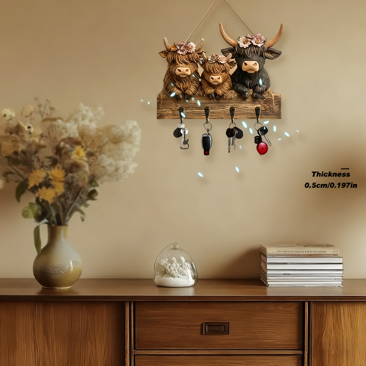 🐮 2D-Rustic Highland Cow Wooden Family Key Holder Hanging Ornament with 4 Hooks