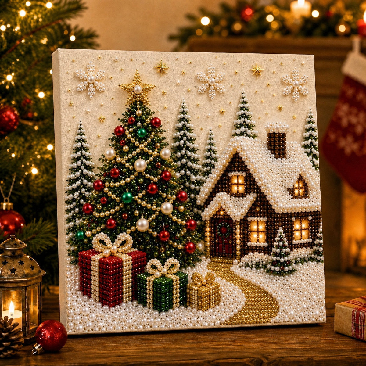 🎄🎄🎅 Premium 3D Pearl Christmas Wall Art Kit | Luxury Flocked Canvas with Scratch-Resistant Non-Fading Pearl Beads DIY Holiday Decor ⛄️❄️