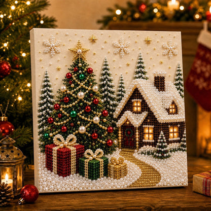 🎄🎄🎅 Premium 3D Pearl Christmas Wall Art Kit | Luxury Flocked Canvas with Scratch-Resistant Non-Fading Pearl Beads DIY Holiday Decor ⛄️❄️