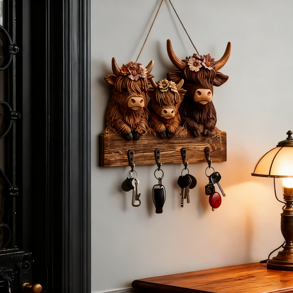 🐮 🐮2D-Rustic Highland Cow Wooden Family Key Holder Hanging Ornament with 4 Hooks
