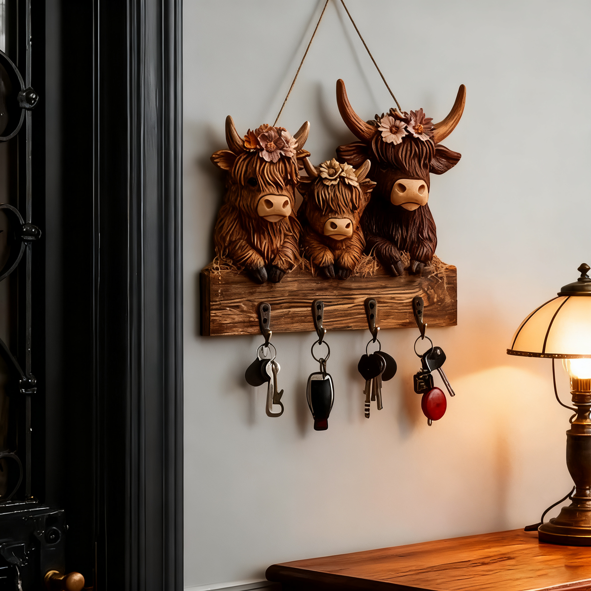 🐮 2D-Rustic Highland Cow Wooden Family Key Holder Hanging Ornament with 4 Hooks