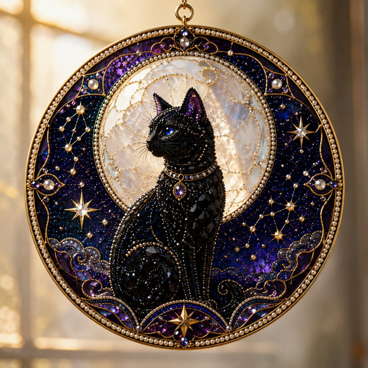🌙🌙🐈‍⬛ LAST DAY 49% OFF – ✨ Premium 3D Pearl Celestial Black Cat Window Hanging Kit | Luxury Flocked Canvas with Scratch-Resistant Non-Fading Pearl Beads DIY Handmade Moonlight Suncatcher Decor 🔮💎