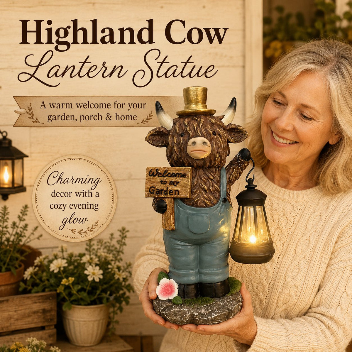 🐂Handcrafted Highland Cow Solar Garden Lantern Statue