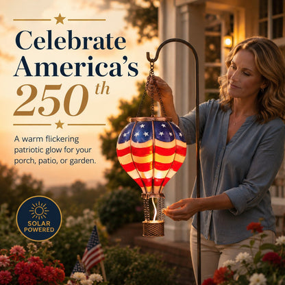 Solar Patriotic Hot Air Balloon Lantern Red, White, and Blue Glass Hanging Light with Realistic Flickering Flame Effect