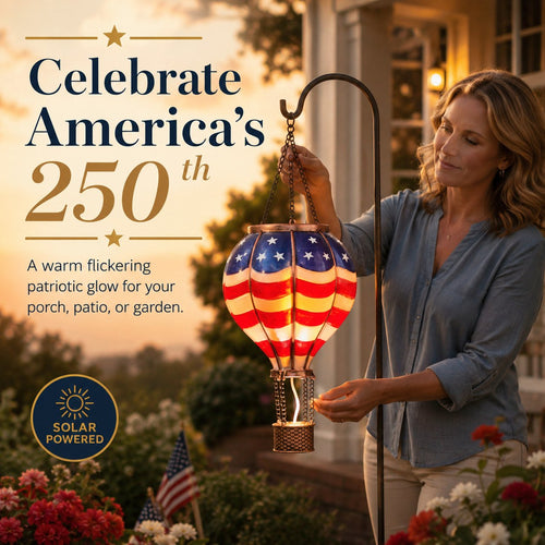 Solar Patriotic Hot Air Balloon Lantern Red, White, and Blue Glass Hanging Light with Realistic Flickering Flame Effect