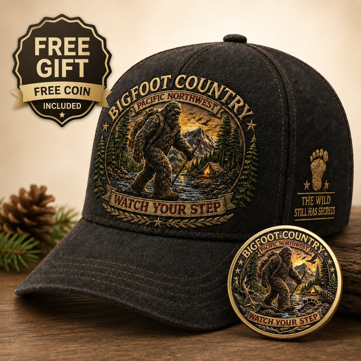 🦶Bigfoot Country Vintage Embroidered Cap – Free Collector Coin Included