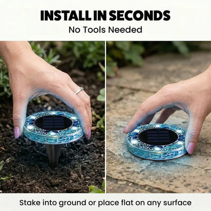 Solar Disk Lights – Handcrafted Mosaic Outdoor LED Waterproof In-Ground & Tabletop Wireless Lighting