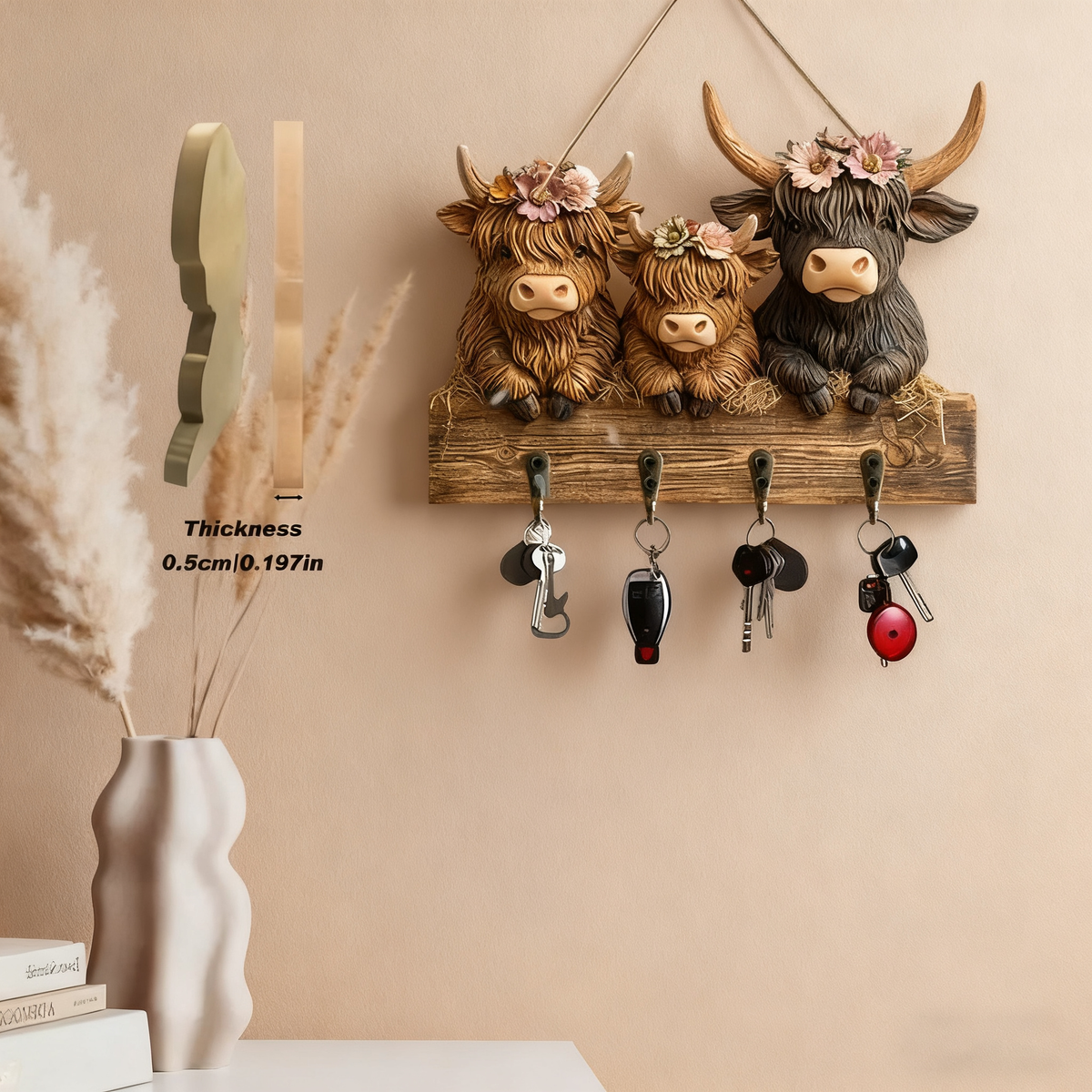 🐮 🐮2D-Rustic Highland Cow Wooden Family Key Holder Hanging Ornament with 4 Hooks