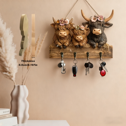 🐮 🐮2D-Rustic Highland Cow Wooden Family Key Holder Hanging Ornament with 4 Hooks
