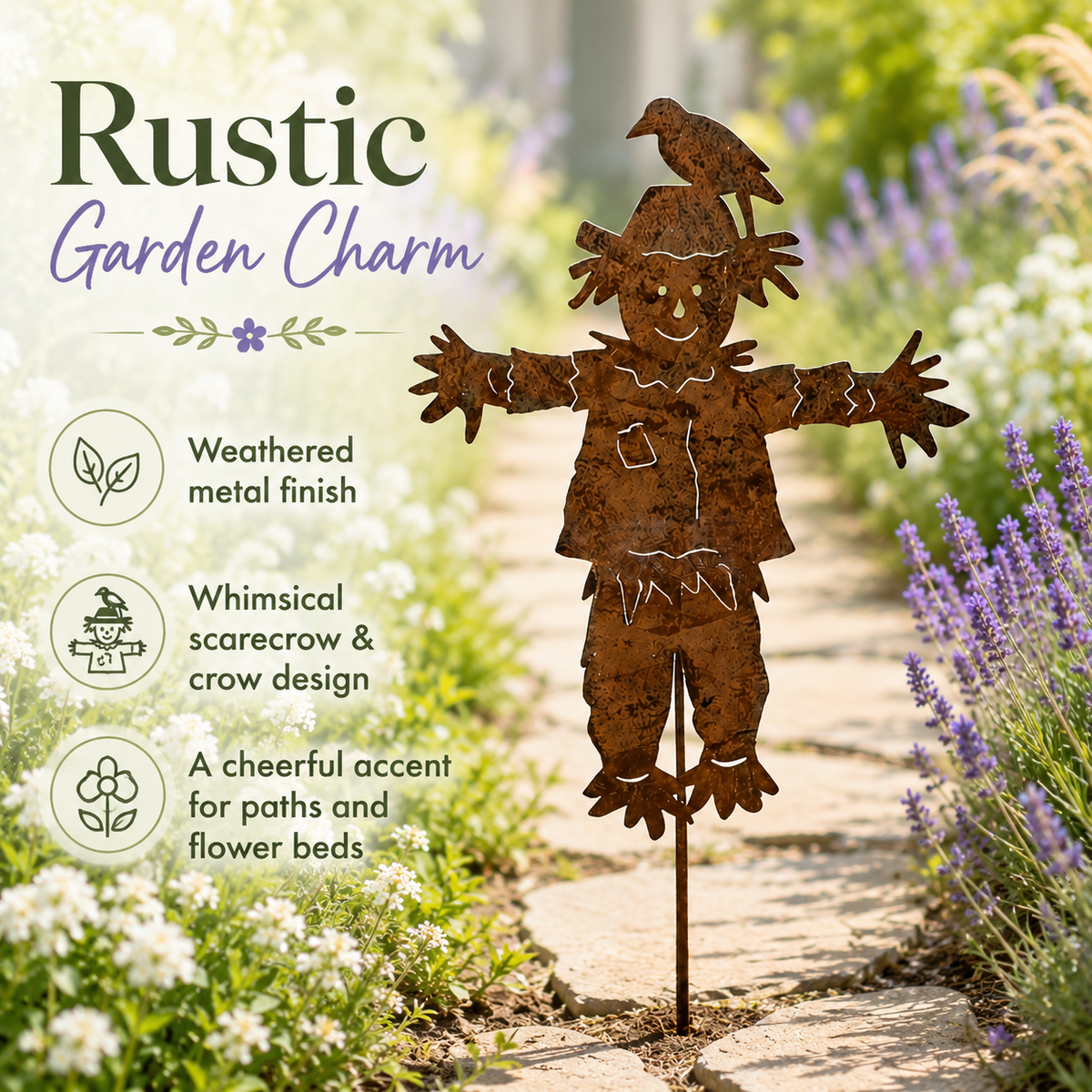 🐦23'' Rustic Metal Scarecrow Garden Stake with Crow