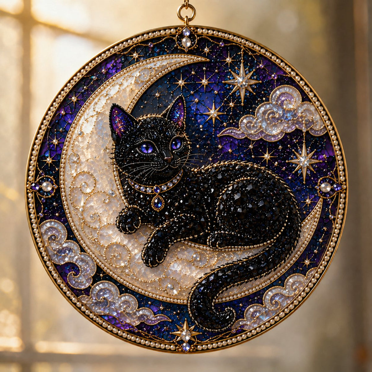 🌙🌙🐈‍⬛ LAST DAY 49% OFF – ✨ Premium 3D Pearl Celestial Black Cat Window Hanging Kit | Luxury Flocked Canvas with Scratch-Resistant Non-Fading Pearl Beads DIY Handmade Moonlight Suncatcher Decor 🔮💎