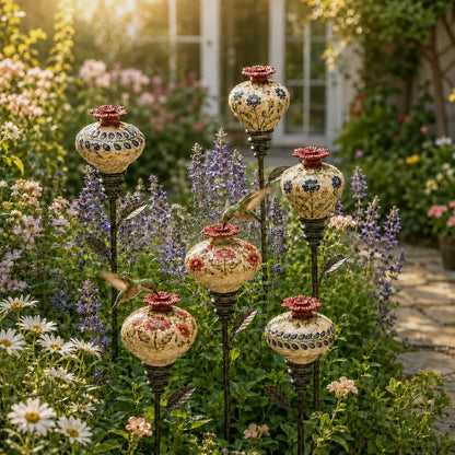 🎅 2026 Christmas Gift 50% Off--🌺 Vintage Ceramic Hummingbird Feeder Garden Stake — Handcrafted Floral Bird Feeder Decoration