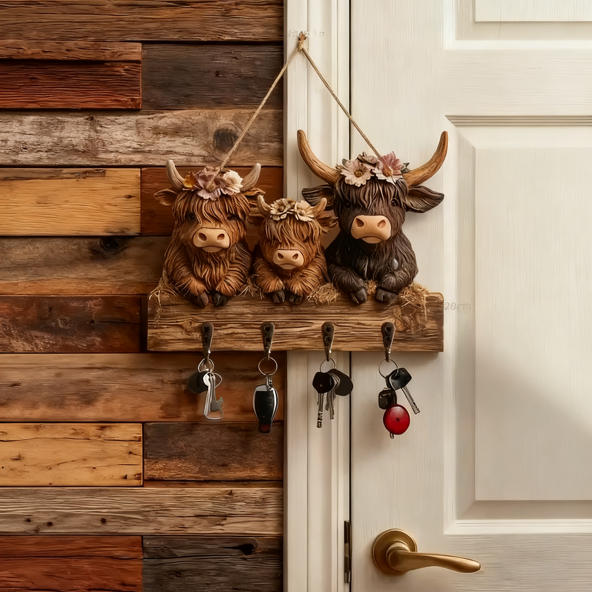 🐮 🐮2D-Rustic Highland Cow Wooden Family Key Holder Hanging Ornament with 4 Hooks
