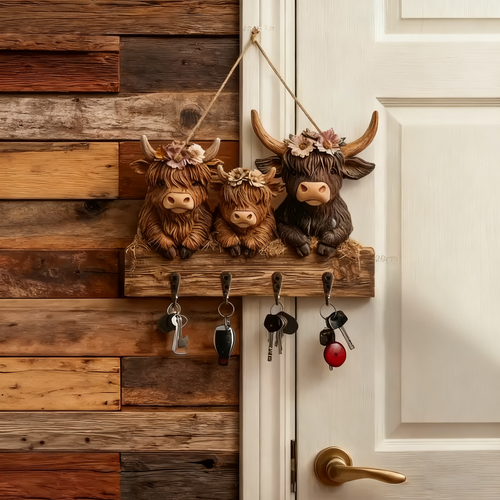 🐮 🐮2D-Rustic Highland Cow Wooden Family Key Holder Hanging Ornament with 4 Hooks