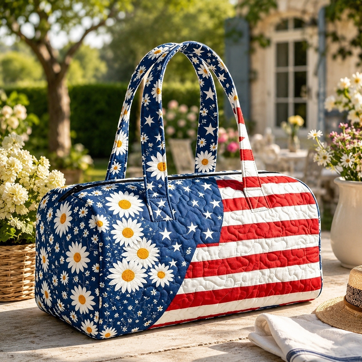 Patriotic Quilted Tote Bag | 3D Floral American Flag Travel Duffel