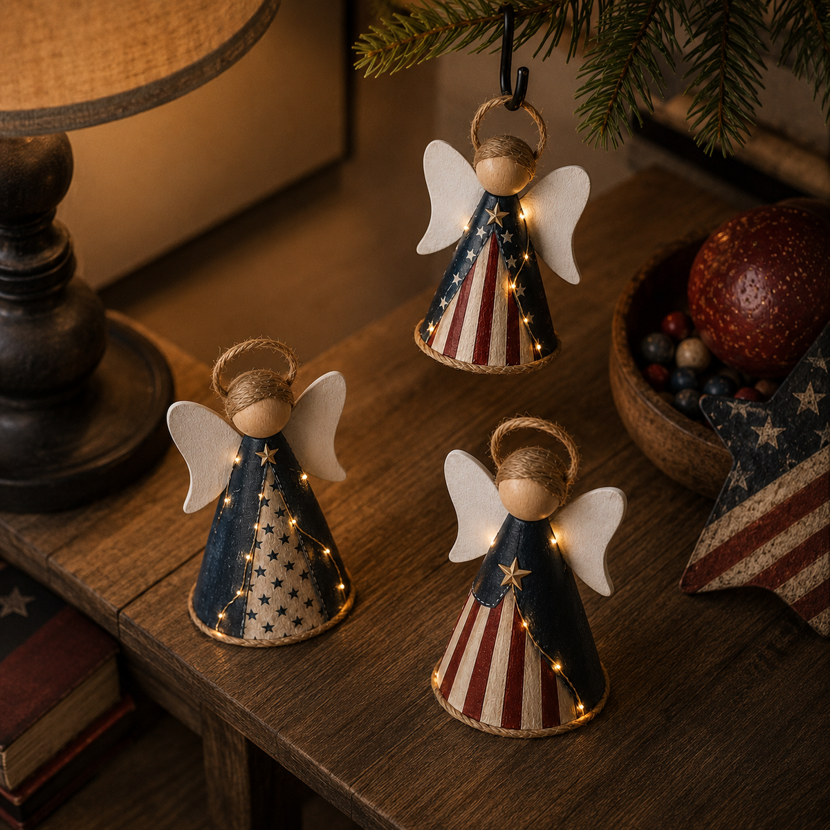 😇😇Rustic Red, White & Blue Angel Ornament with Warm LED Lights -3Pcs