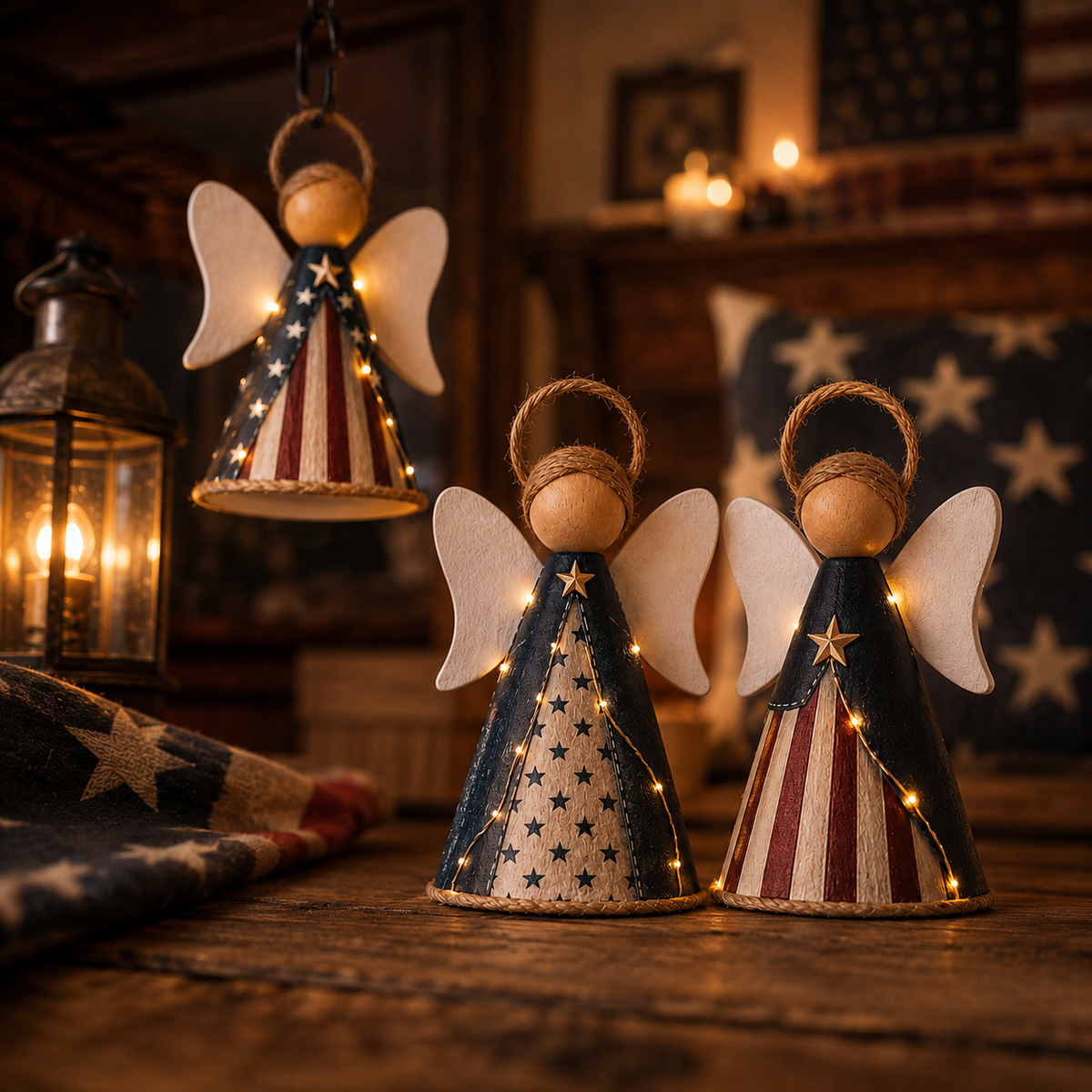 😇😇Rustic Red, White & Blue Angel Ornament with Warm LED Lights -3Pcs